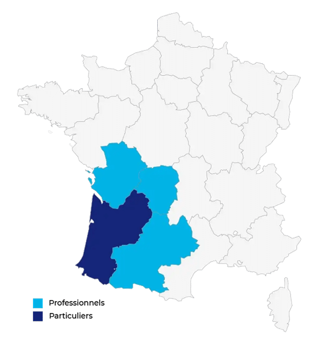 Carte de couverture Sud-Ouest : Particuliers et Professionnels Carte du Sud-Ouest de la France avec zones Professionnels (bleu clair) et Particuliers (bleu foncé).