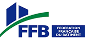 Logo FFB - Fédération Française du Bâtiment Officiel FFB Fédération Française du Bâtiment : silhouettes de bâtiments bleues et arc vert sur fond blanc.