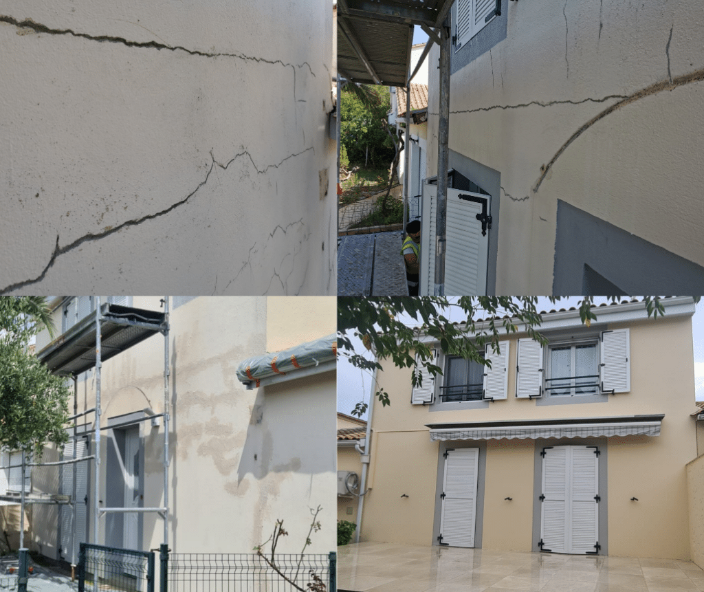 Réparation de Fissures et Ravalement de Façade Avant-Après Rénovation de façade : de la réparation de fissures profondes au ravalement complet d'une maison avec volets blancs.