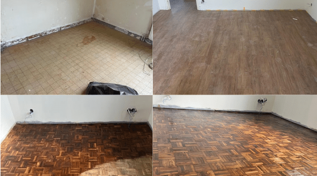 Rénovation Parquet : Étapes de Pose et Finition Avant-Après Étapes de rénovation de sol : retrait d'un ancien revêtement et pose d'un parquet en bois sombre avec finition brillante.