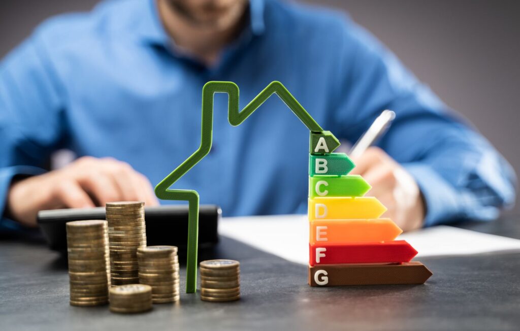 Performance énergétique et économies pour votre maison Maquette de maison verte sur une échelle énergétique A-G avec des piles de pièces d'or pour illustrer des économies.